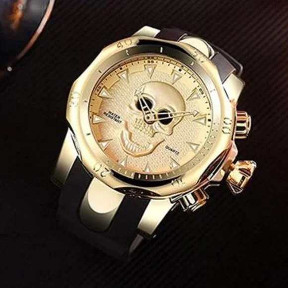 Mens Gold/Black 3D Luxury Skull Waterproof Quartz Watch